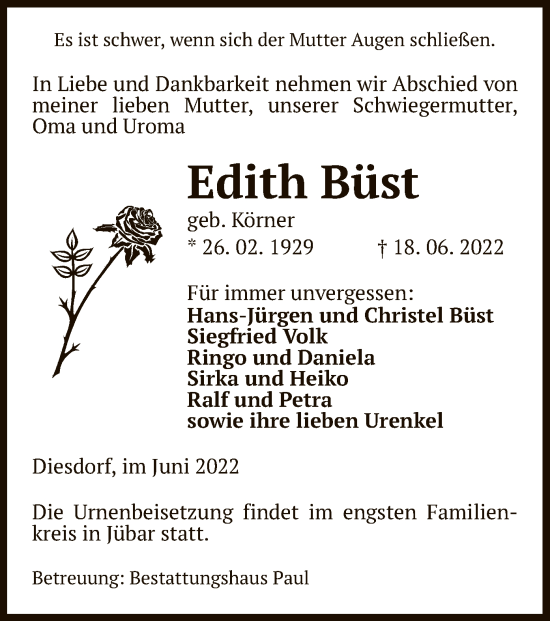 Traueranzeige von Edith Büst von UEL