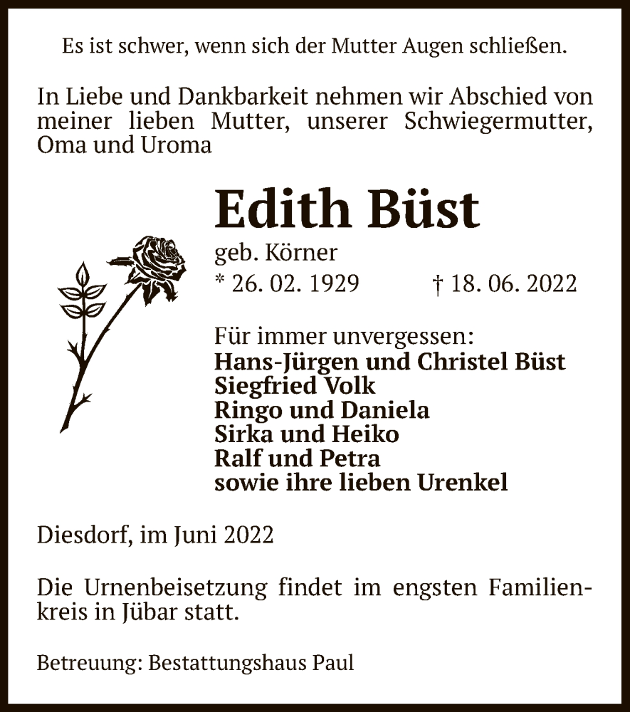  Traueranzeige für Edith Büst vom 21.06.2022 aus UEL