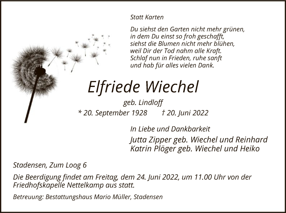  Traueranzeige für Elfriede Wiechel vom 22.06.2022 aus UEL