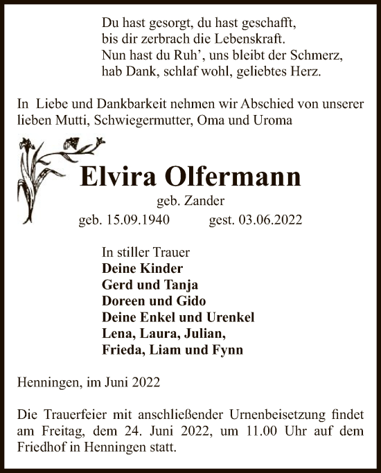 Traueranzeige von Elvira Olfermann von UEL
