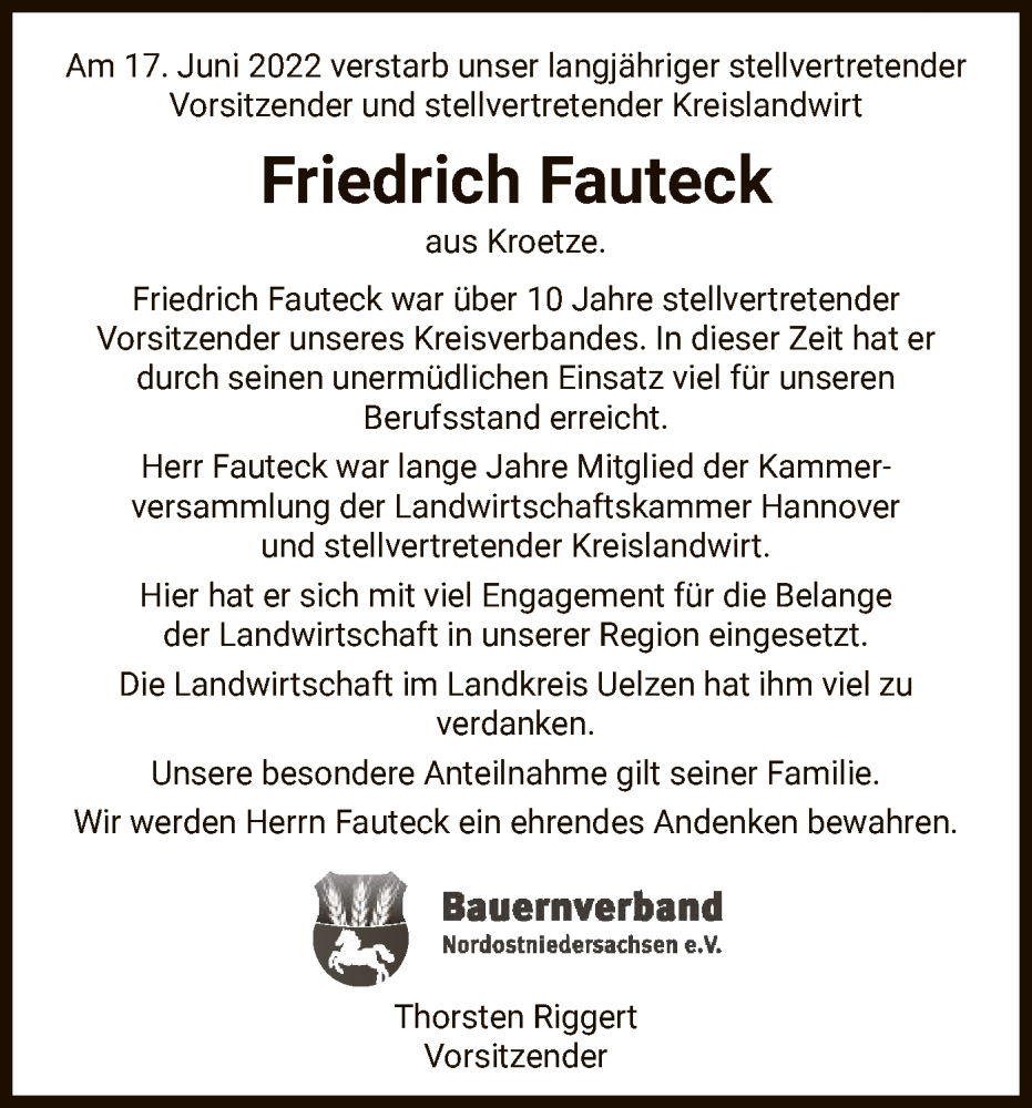  Traueranzeige für Friedrich Fauteck vom 24.06.2022 aus UEL