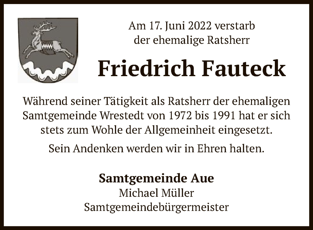  Traueranzeige für Friedrich Fauteck vom 22.06.2022 aus UEL