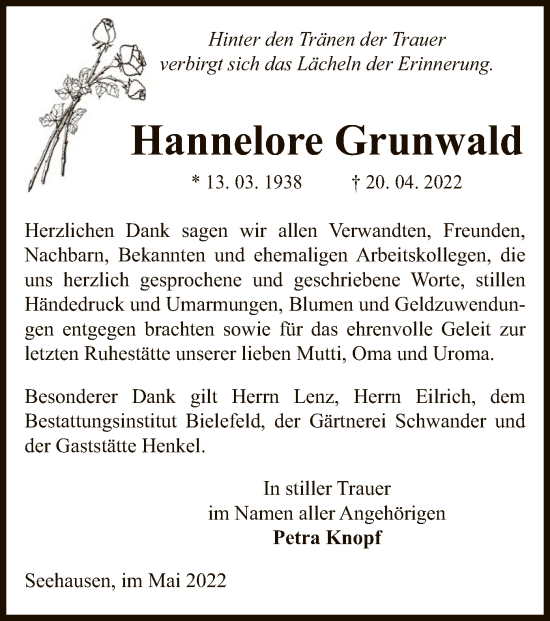 Traueranzeige von Hannelore Grunwald von UEL