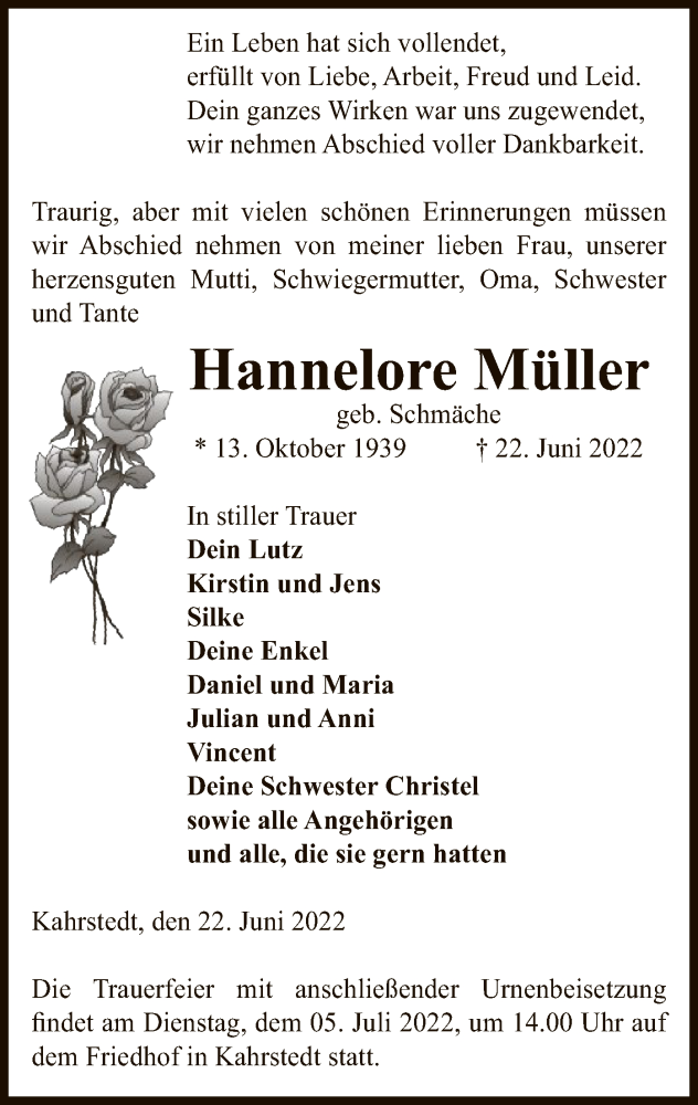  Traueranzeige für Hannelore Müller vom 24.06.2022 aus UEL