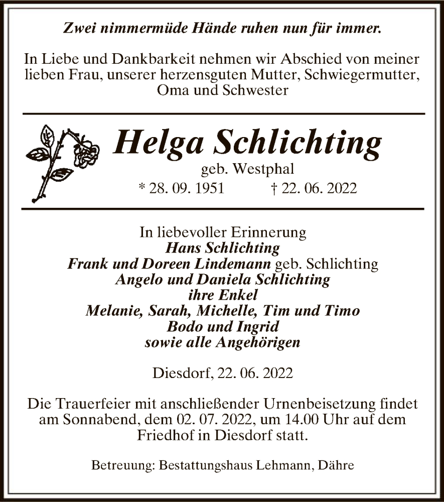  Traueranzeige für Helga Schlichting vom 24.06.2022 aus UEL