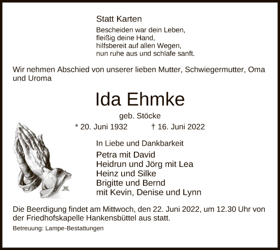 Traueranzeige von Ida Ehmke von UEL