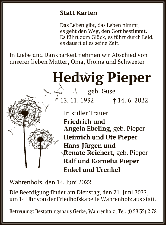 Traueranzeige von Iledig Pieper von UEL