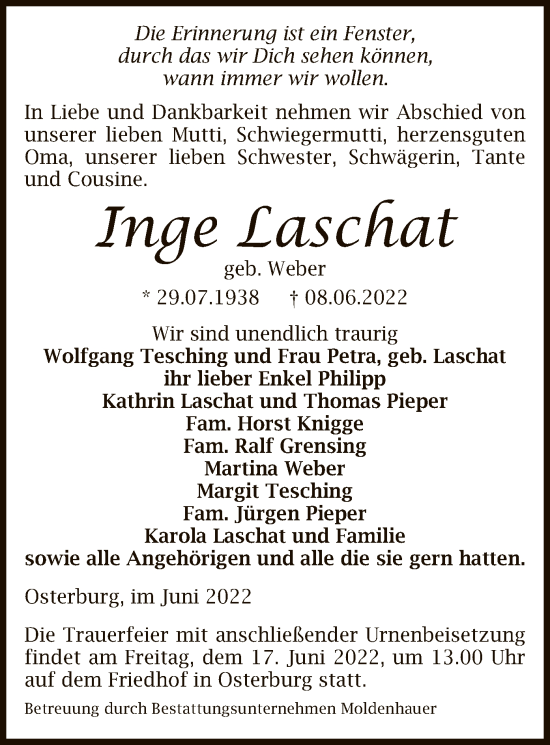 Traueranzeige von Inge Laschat von UEL