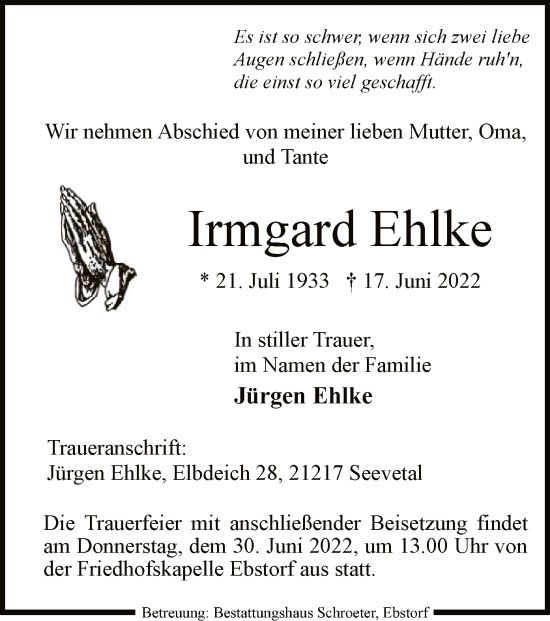 Traueranzeige von Irmgard Ehlke von UEL