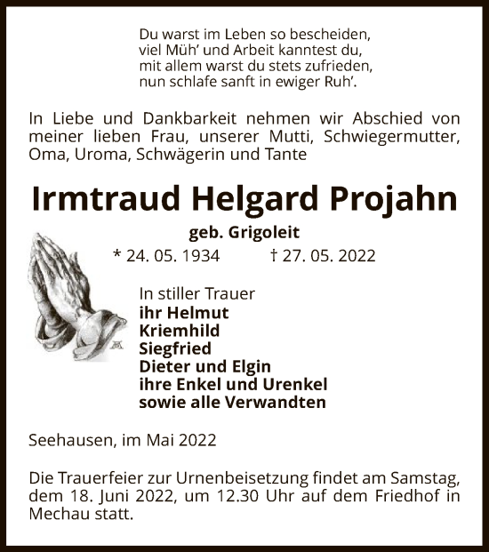 Traueranzeige von Irmtraud Helgard Projahn von UEL