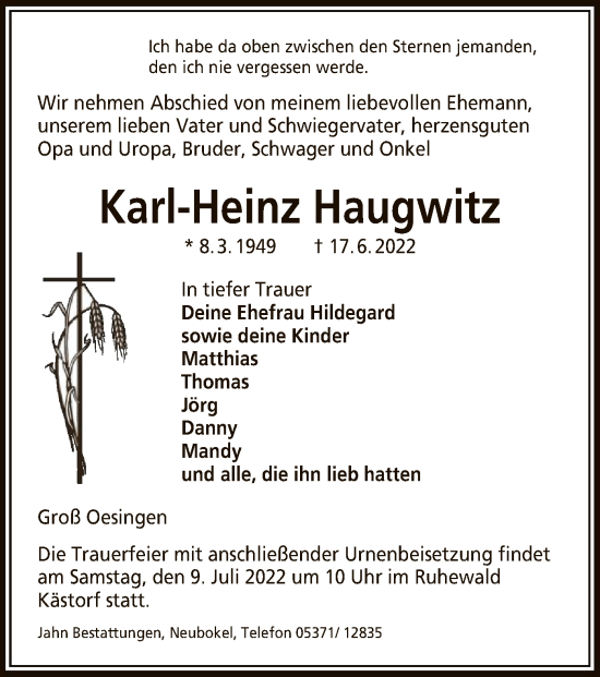 Traueranzeige von Karl-Heinz Haugwitz von UEL