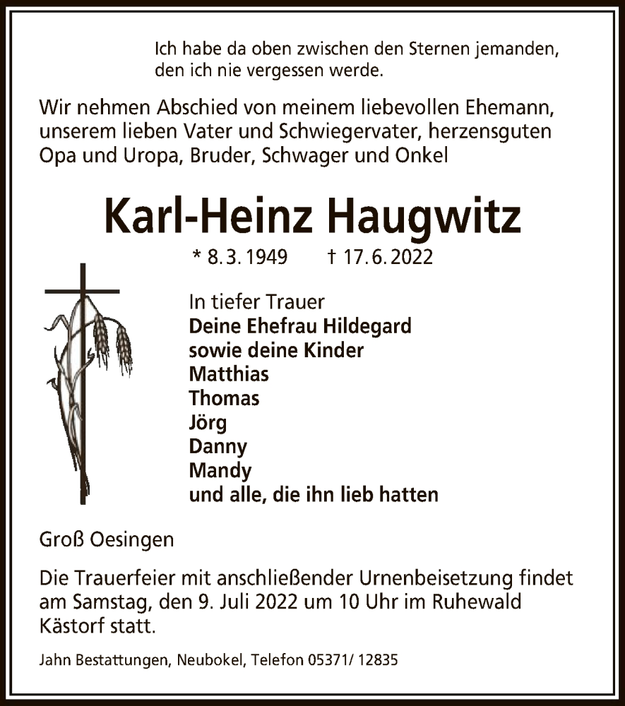  Traueranzeige für Karl-Heinz Haugwitz vom 21.06.2022 aus UEL