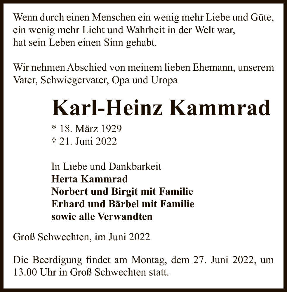  Traueranzeige für Karl-Heinz Kammrad vom 23.06.2022 aus UEL