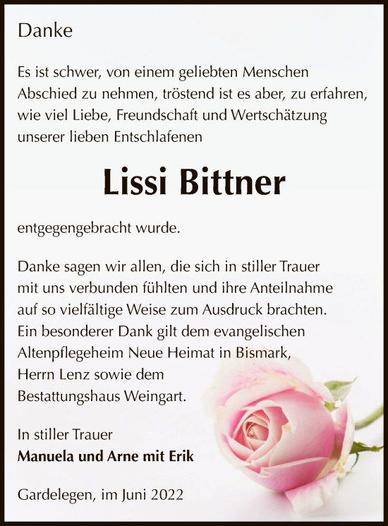 Traueranzeige von Lissi Bittner von UEL