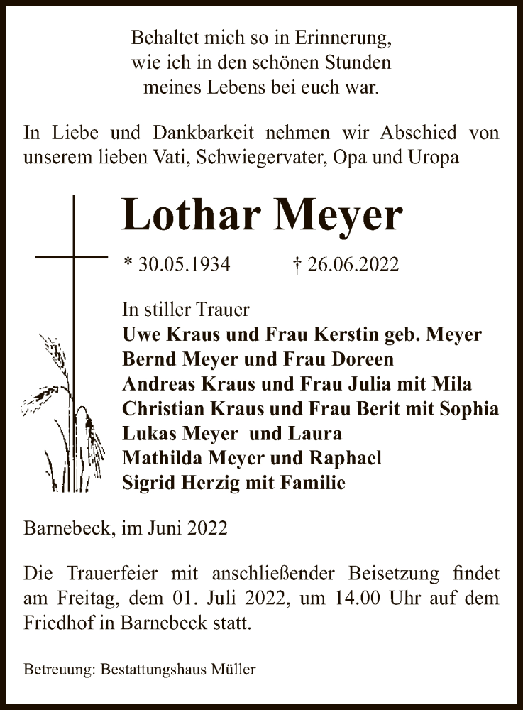  Traueranzeige für Lothar Meyer vom 28.06.2022 aus UEL