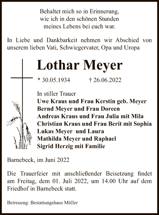 Traueranzeige von Lothar Meyer von UEL