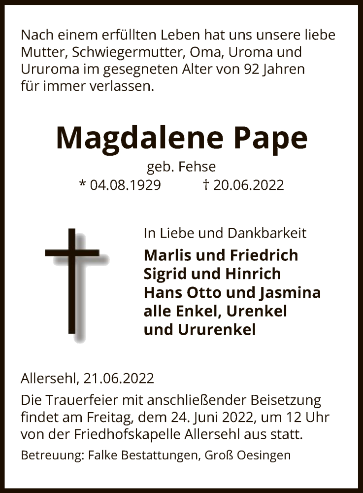  Traueranzeige für Magdalene Pape vom 23.06.2022 aus UEL