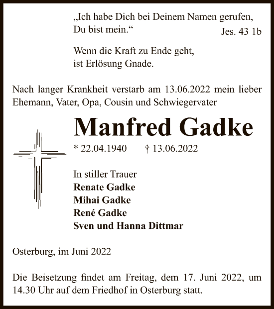 Traueranzeige von Manfred Gadke von UEL