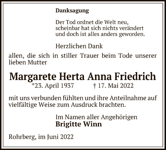 Traueranzeige von Margarete Herta Anna Friedrich von UEL