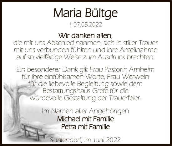 Traueranzeige von Maria Bültge von UEL