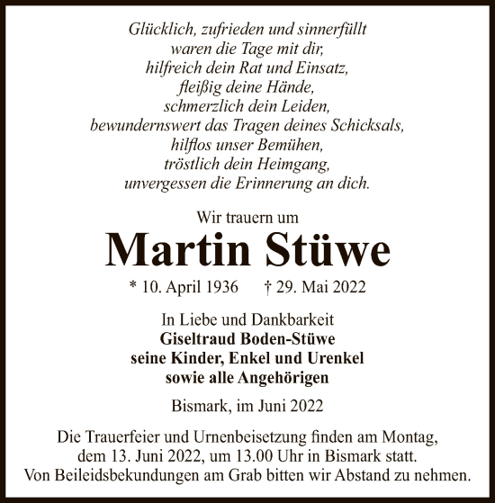 Traueranzeige von Martin Stüwe von UEL