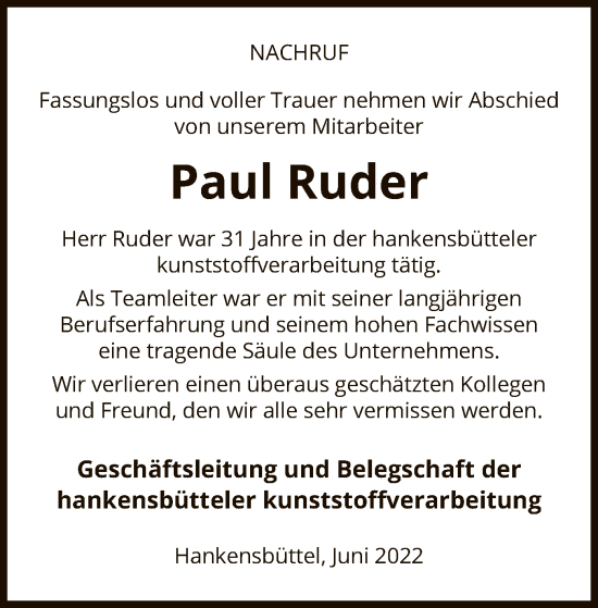 Traueranzeige von Paul Ruder von UEL