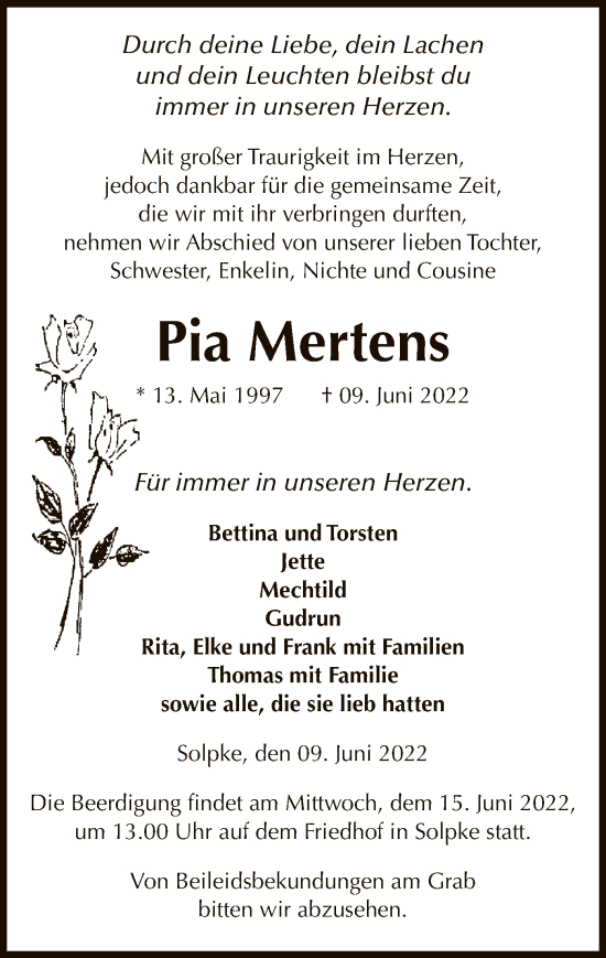 Traueranzeige von Pia Mertens von UEL