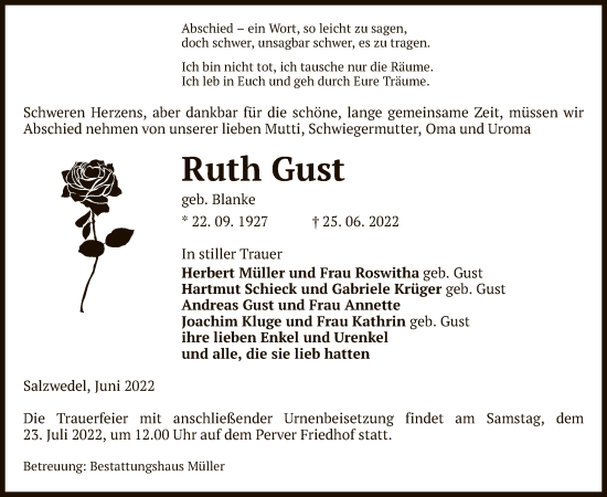Traueranzeige von Ruth Gust von UEL