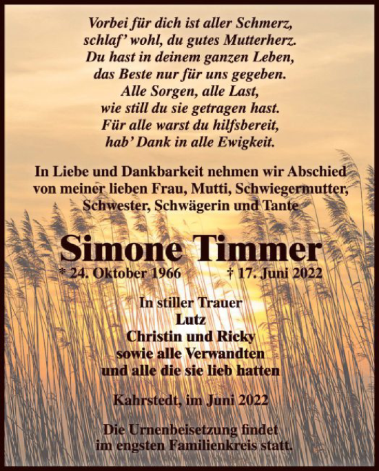 Traueranzeige von Simone Timmer von UEL