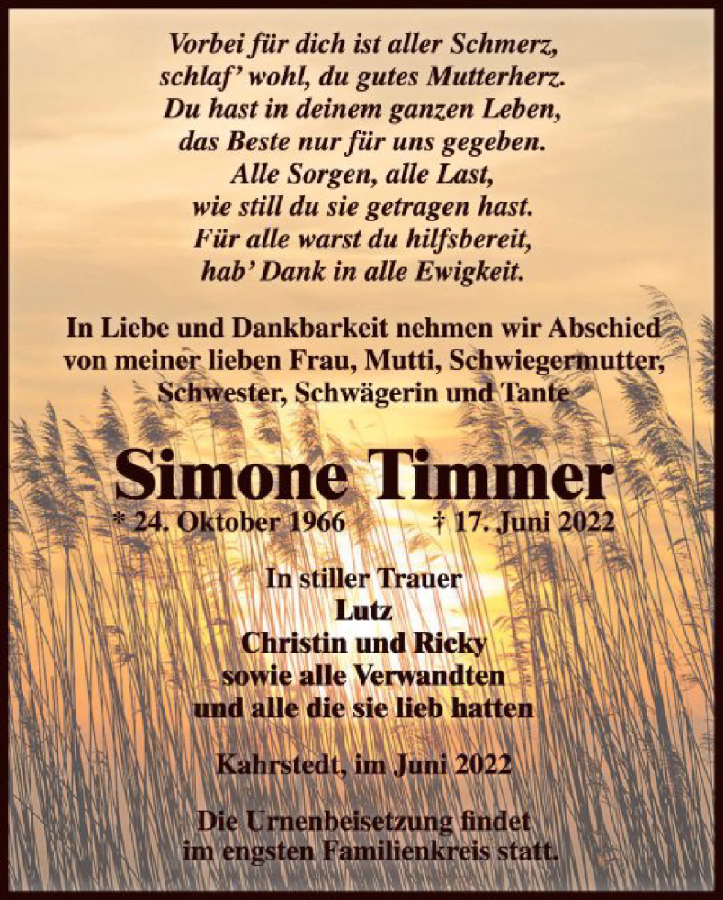  Traueranzeige für Simone Timmer vom 21.06.2022 aus UEL