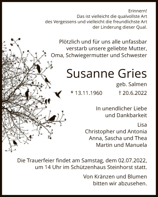 Traueranzeige von Susanne Gries von UEL