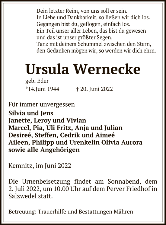 Traueranzeige von Ursula Wernecke von UEL