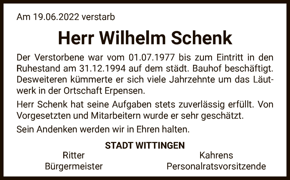  Traueranzeige für Wilhelm Schenk vom 25.06.2022 aus UEL