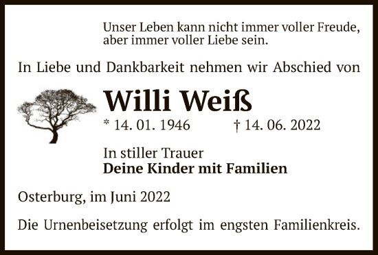 Traueranzeige von Willi Weiß von UEL