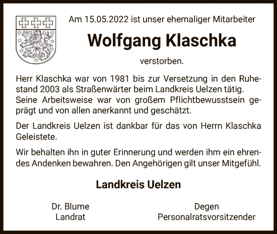 Traueranzeige von Wolfgang Klaschka von UEL