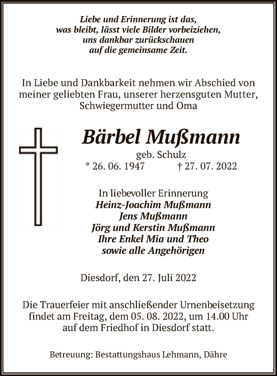 Traueranzeige von Bärbel Mußmann von UEL