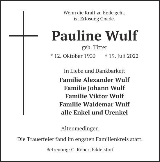 Traueranzeige von Pauline Wulf von UEL