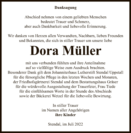 Traueranzeige von Dora Müller von UEL