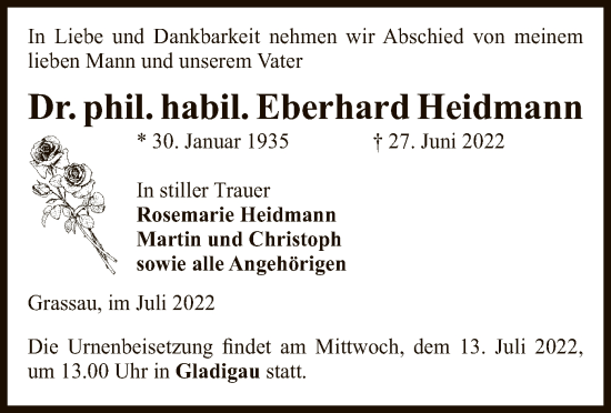 Traueranzeige von Eberhard Heidmann von UEL