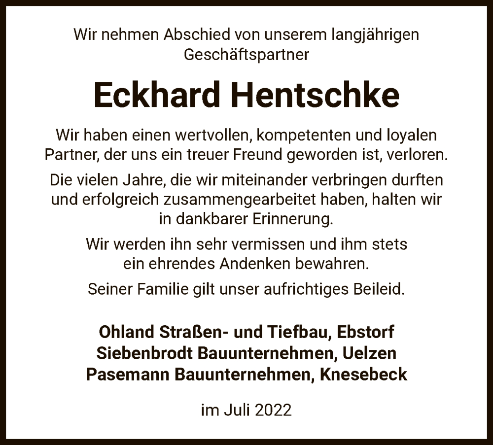  Traueranzeige für Eckhard Hentschke vom 20.07.2022 aus UEL