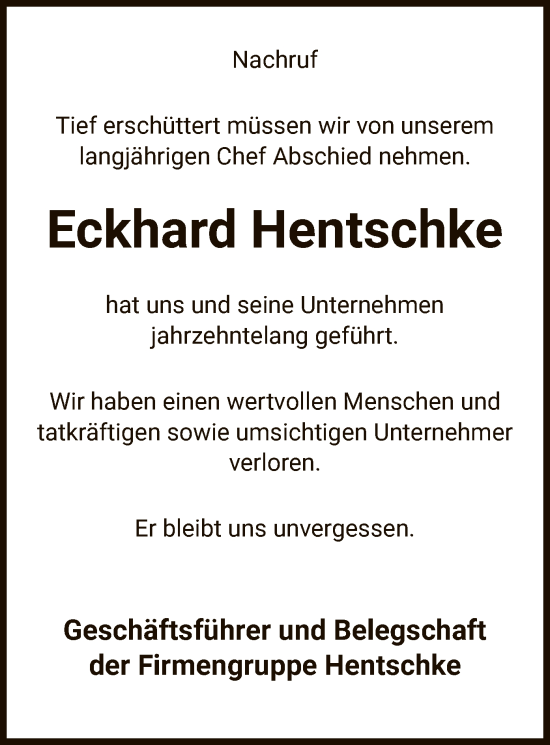 Traueranzeige von Eckhard Hentschke von UEL