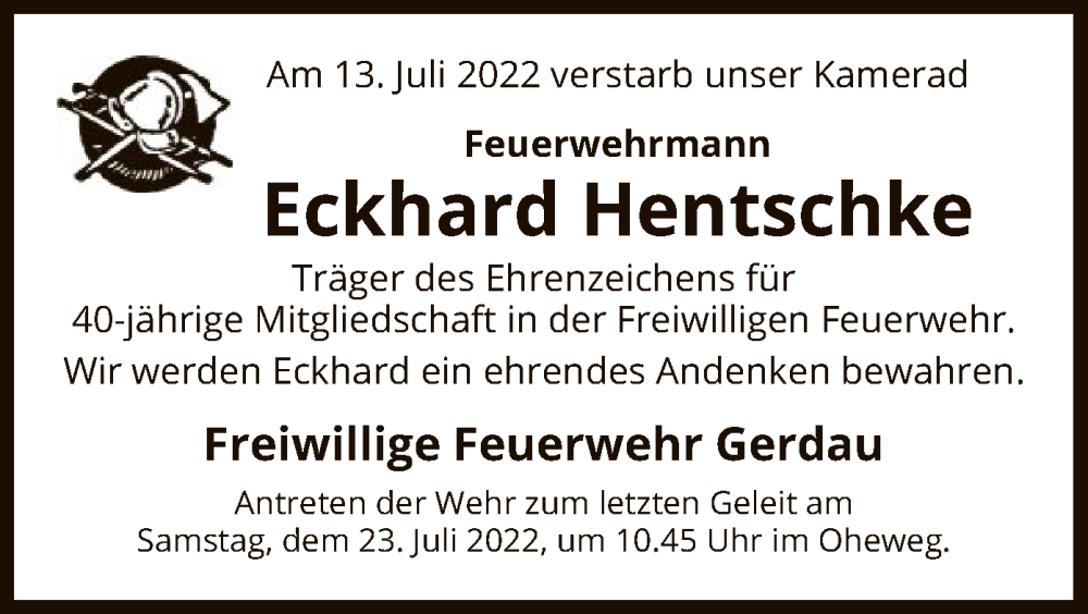  Traueranzeige für Eckhard Hentschke vom 20.07.2022 aus UEL