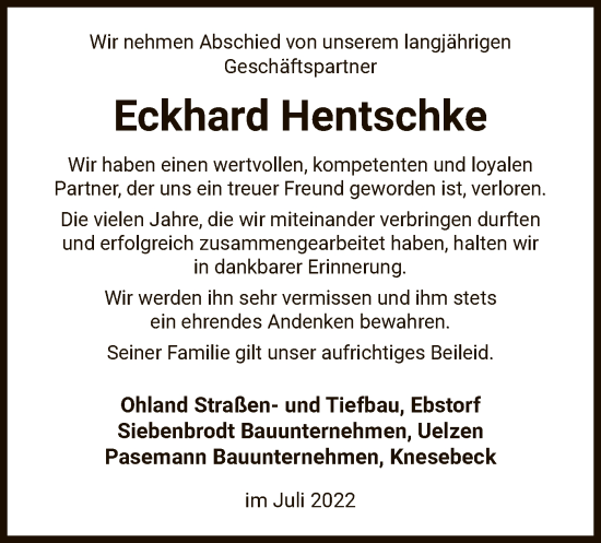 Traueranzeige von Eckhard Hentschke von UEL