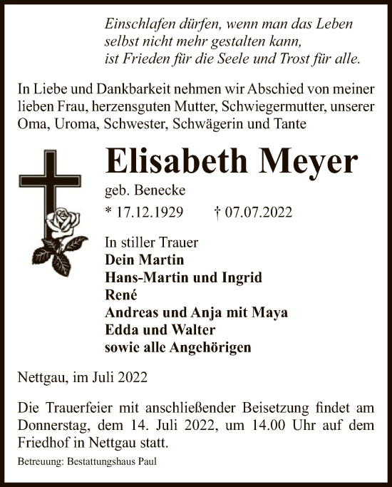 Traueranzeige von Elisabeth Meyer von UEL