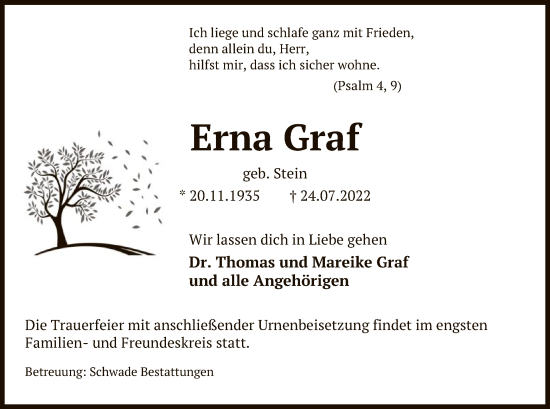 Traueranzeige von Erna Graf von UEL