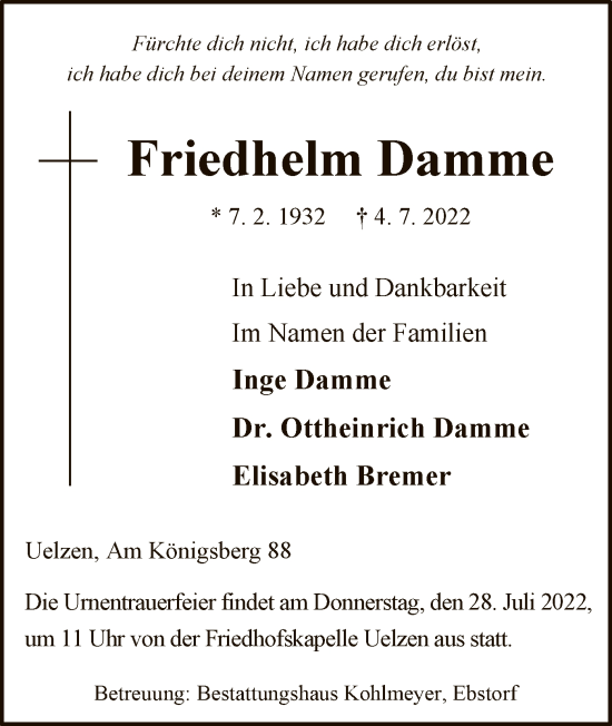 Traueranzeige von Friedhelm Damme von UEL