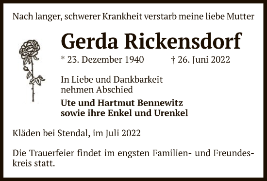 Traueranzeige von Gerda Rickensdorf von UEL