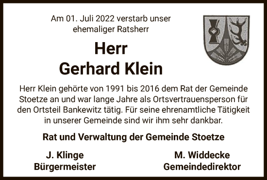 Traueranzeige von Gerhard Klein von UEL