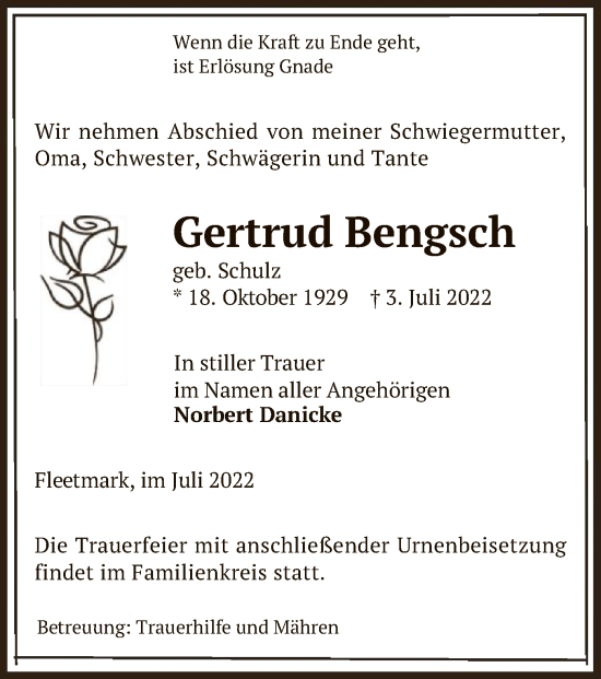 Traueranzeige von Gertrud Bengsch von UEL