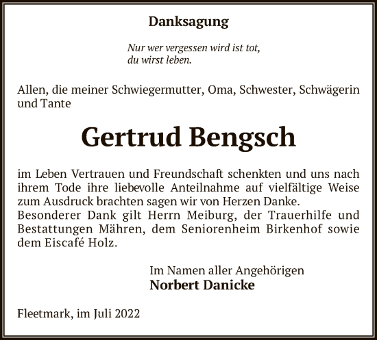 Traueranzeige von Gertrud Bengsch von UEL